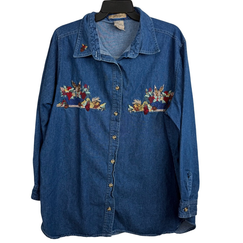 Vintage Denim Shirt Womens 14W 16W Embroidered Harvest Fall Cottagecore